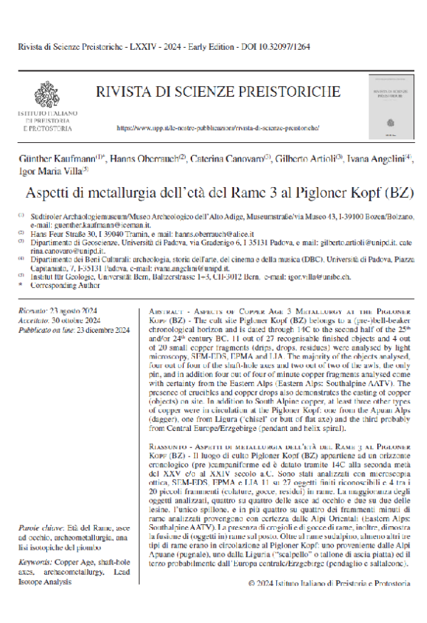 G. Kaufmann 1967- , H. Oberrauch, C. Canovaro, G. Artioli, I. Angelini, I. M. Villa - Aspetti di metallurgia dell'età del Rame 3 al Pigloner Kopf (BZ)