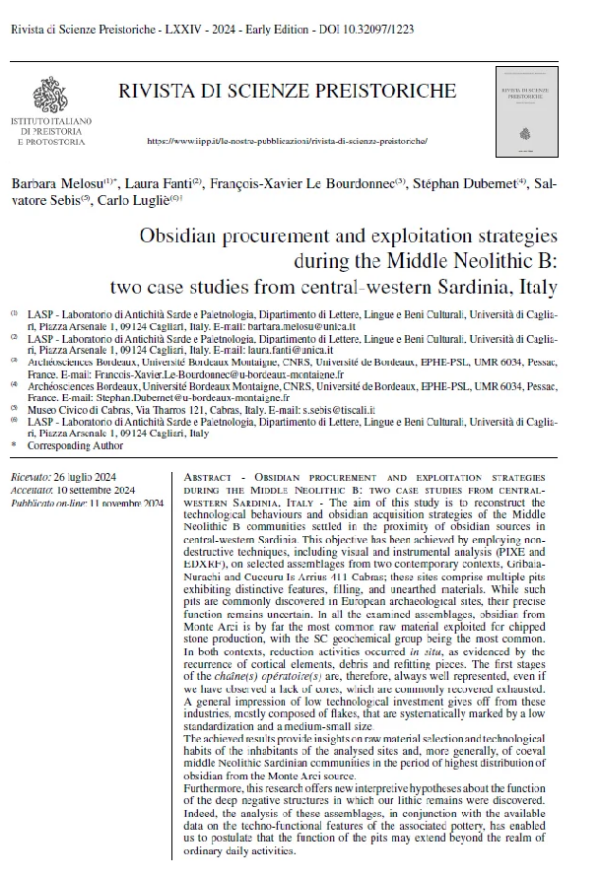 B. Melosu, L. Fanti, F.X. Le Bourdonnec, S. Dubernet, S. Sebis, C. Lugliè - Obsidian procurement and exploitation strategies during the Middle Neolithic B: two case studies from central-western Sardinia, Italy