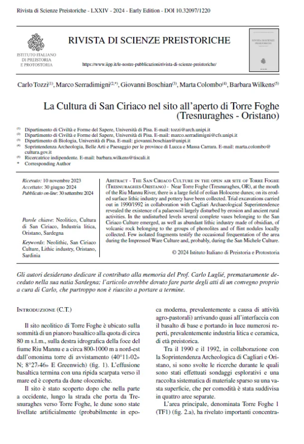 C. Tozzi, M. Serradimigni, G. Boschian, M. Colombo, B. Wilkens - La Cultura di San Ciriaco nel sito all’aperto di Torre Foghe (Tresnuraghes – Oristano)