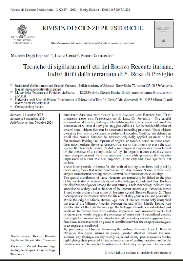 M. Degli Esposti, L. Cenci, M. Cremaschi - Tecniche di sigillatura nell’età del Bronzo Recente italiana. Indizi fittili dalla terramara di S. Rosa di Poviglio
