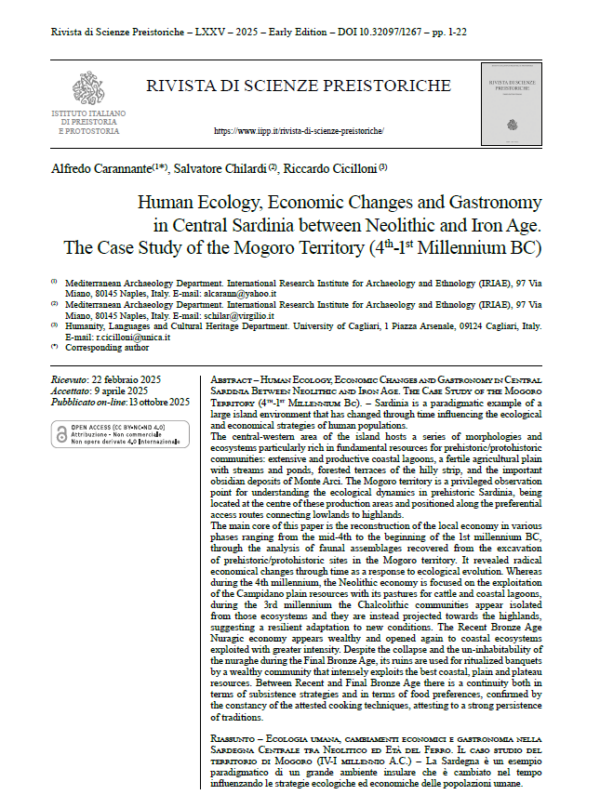 A. Carannante, S. Chilardi, R. Cicilloni- Human Ecology, Economic Changes and Gastronomy in Central Sardinia between Neolithic and Iron Age. The Case Study of the Mogoro Territory (4th-1st Millennium BC)
