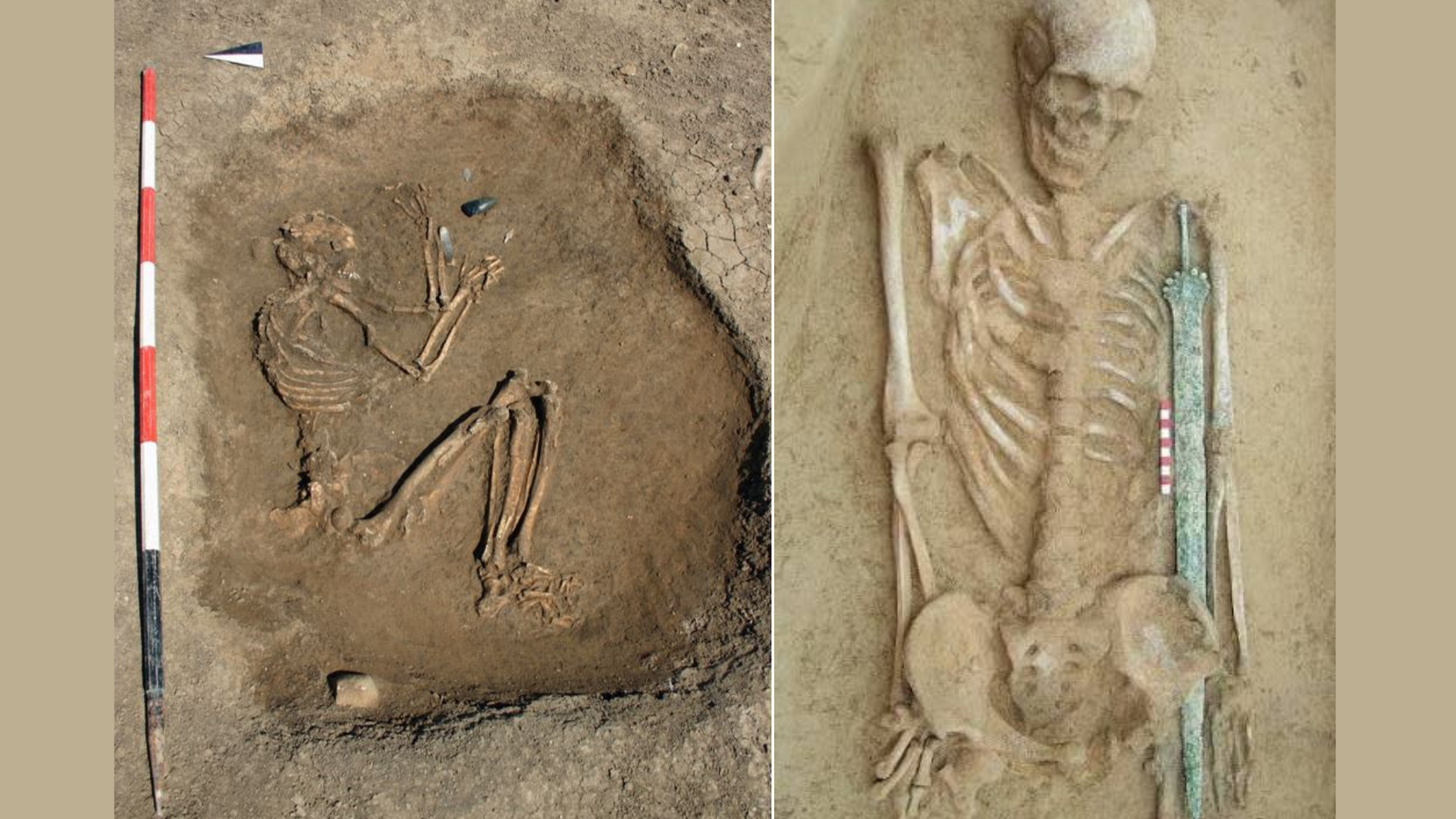 A sinistra una sepoltura in fossa con scheletro ranicchiato ascia levigata e punte di freccia dlla necropoli neolitica di Parma - Via Guidorossi (4500 -4300 a.C.). A destra una sepoltura di guerriero con spada dalla necropoli  dell’età del bronzo  di Olmo di Nogara (1600-1500 a.C.)