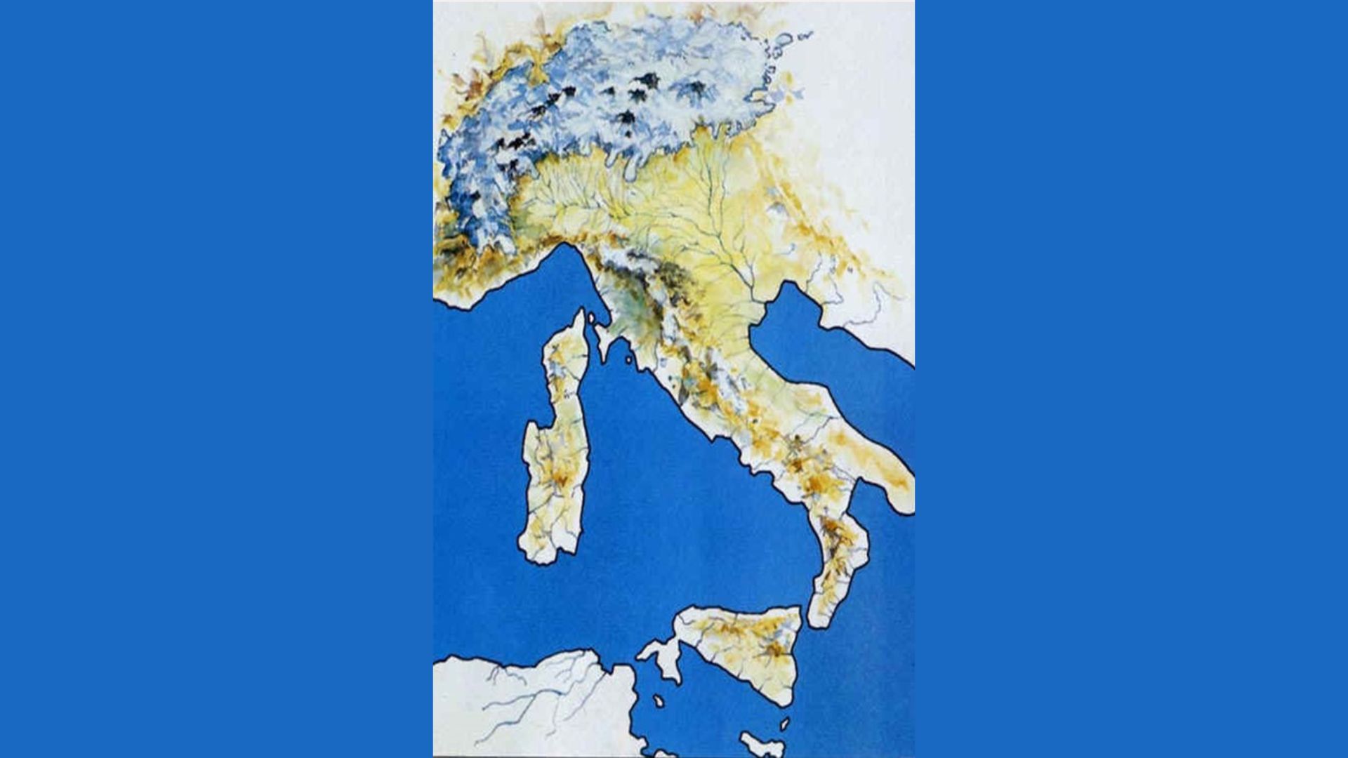 L’Italia durante il massimo glaciale (25.000 -20000 anni fa). L’arco alpino e alcune aree dell’appennino erano occupate stabilmente da ghiacciai. La pianura padana aveva  un aspetto simile alla tundra  e l’Adriatico cominciava al di sotto di Ancona.